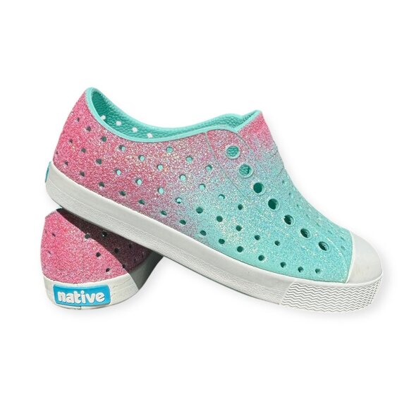 Native Other - Native Shoes Jefferson Girls Teal Pink Glitter Sparkle Slip-On Shoes Size 10